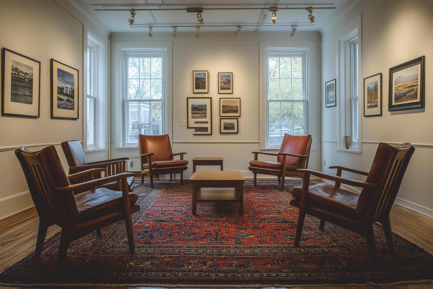 Cozy interior of a contemporary art lounge featuring vintage furniture and eclectic artworks photo