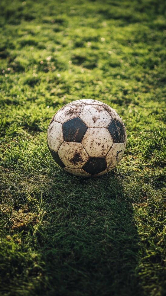Worn soccer ball resting on grass field after a lively game in the afternoon light photo