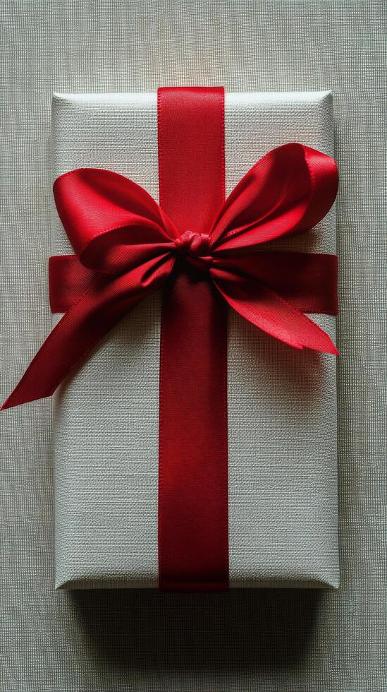 Gift wrapped in brown paper with a red ribbon on a dark surface photo