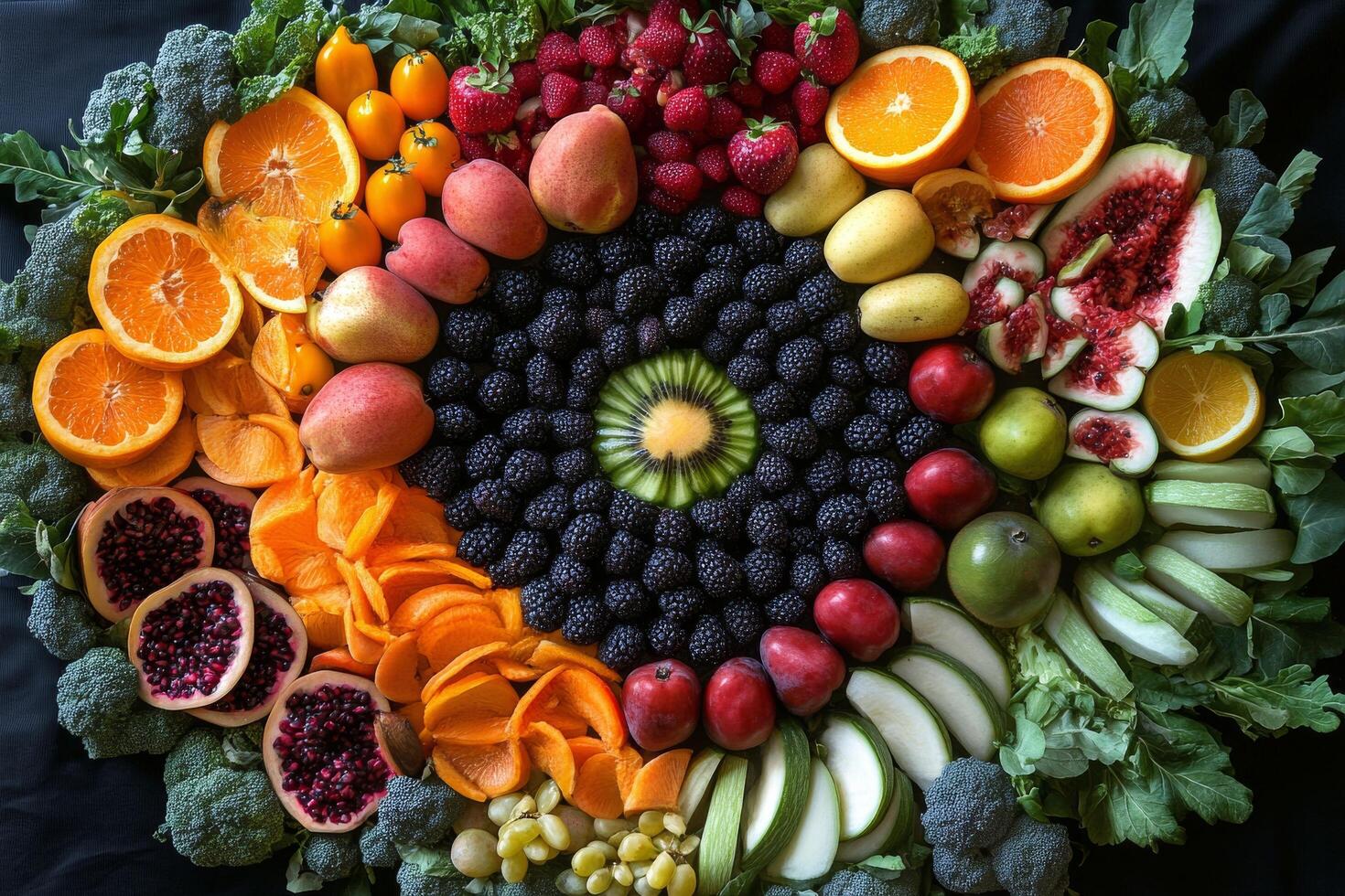 Colorful array of fresh fruits and vegetables arranged artistically on a textured surface photo