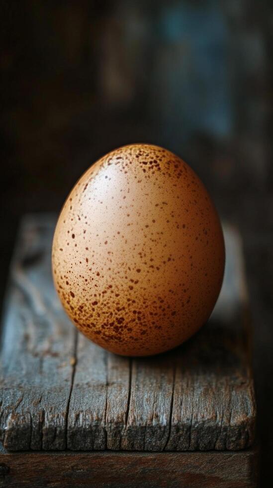 Unique speckled egg resting on a rustic wooden surface in soft natural light photo