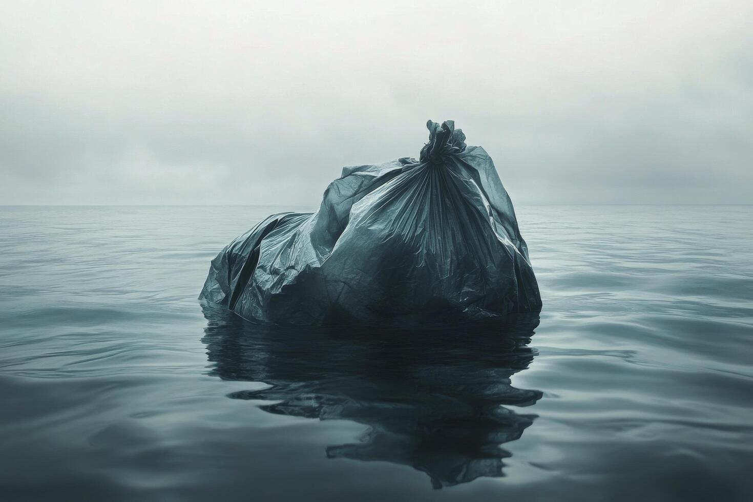 Floating trash bag in calm water reflects environmental concerns about ocean pollution photo