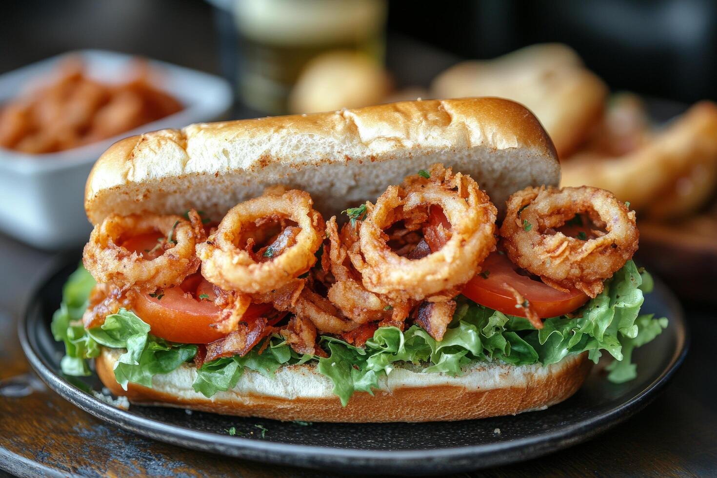 Crispy onion ring sandwich served with lettuce and tomato in a dining setting photo