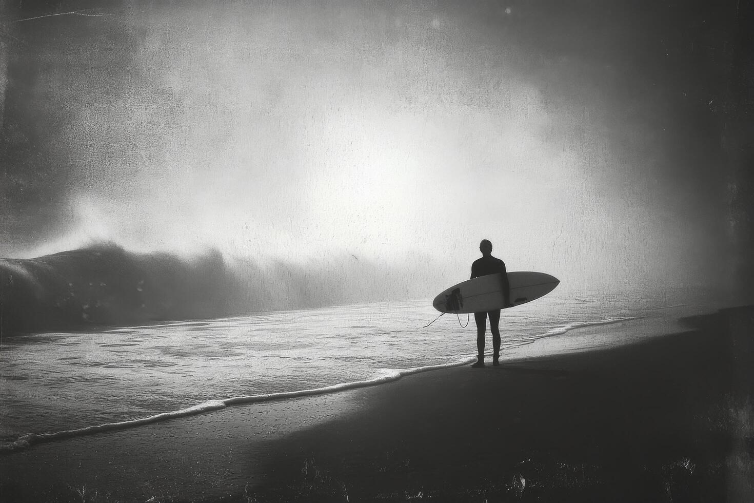Surfer preparing to ride waves on a sunny day at the beach with vibrant clouds photo