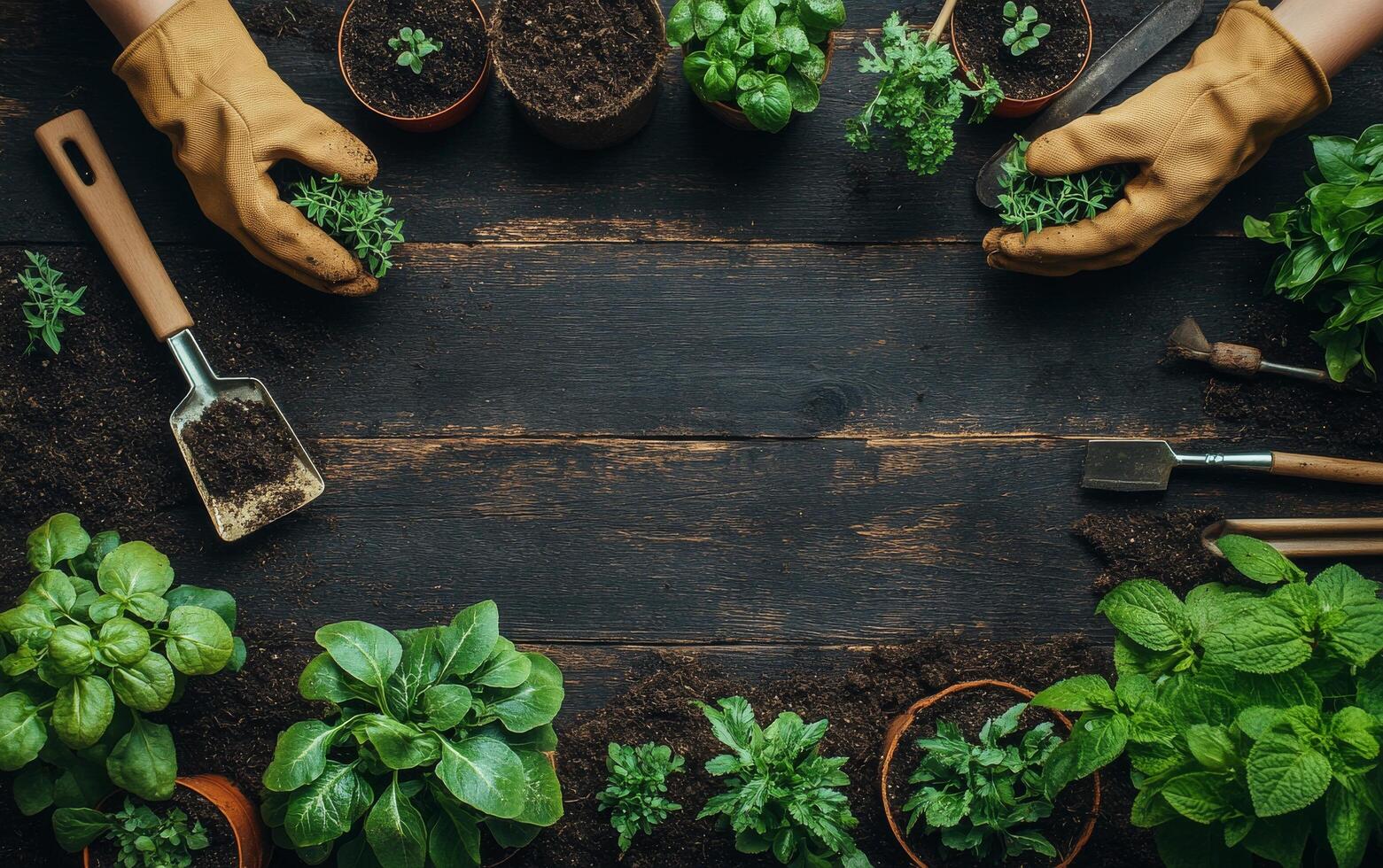 Gardening activity with gloves in a wooden workspace surrounded by plants and tools during daylight photo