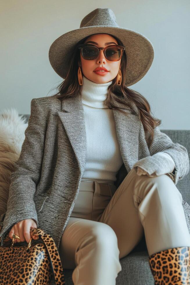 Stylish woman in a hat and sunglasses sitting in a cozy interior with a fashionable bag photo