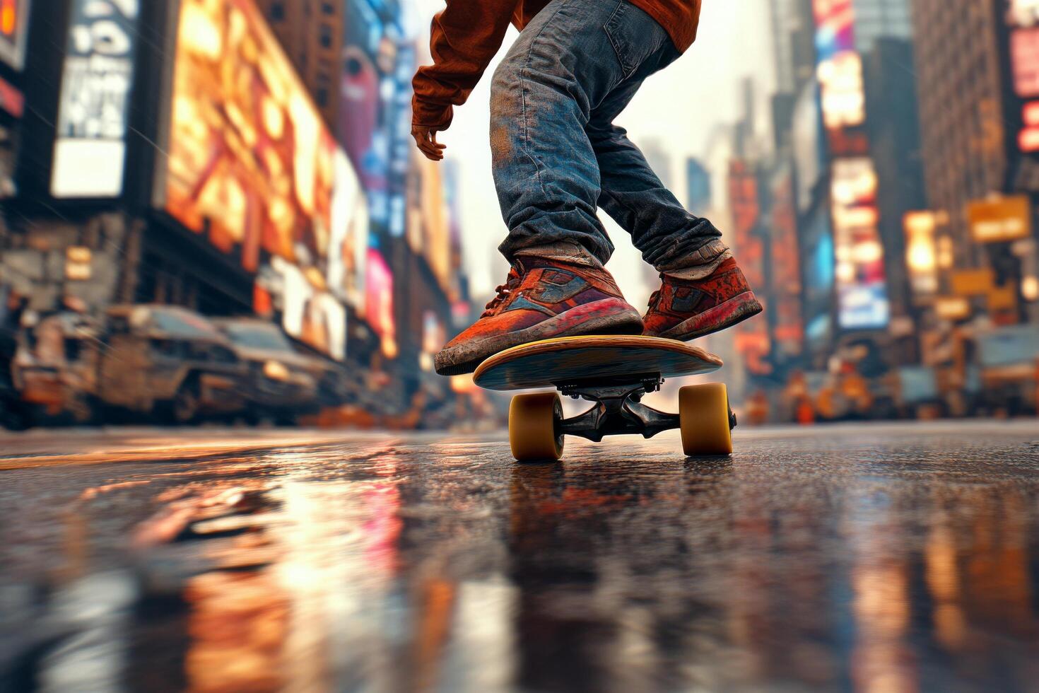 Urban skateboarder cruising through autumn streets on a vibrant afternoon photo