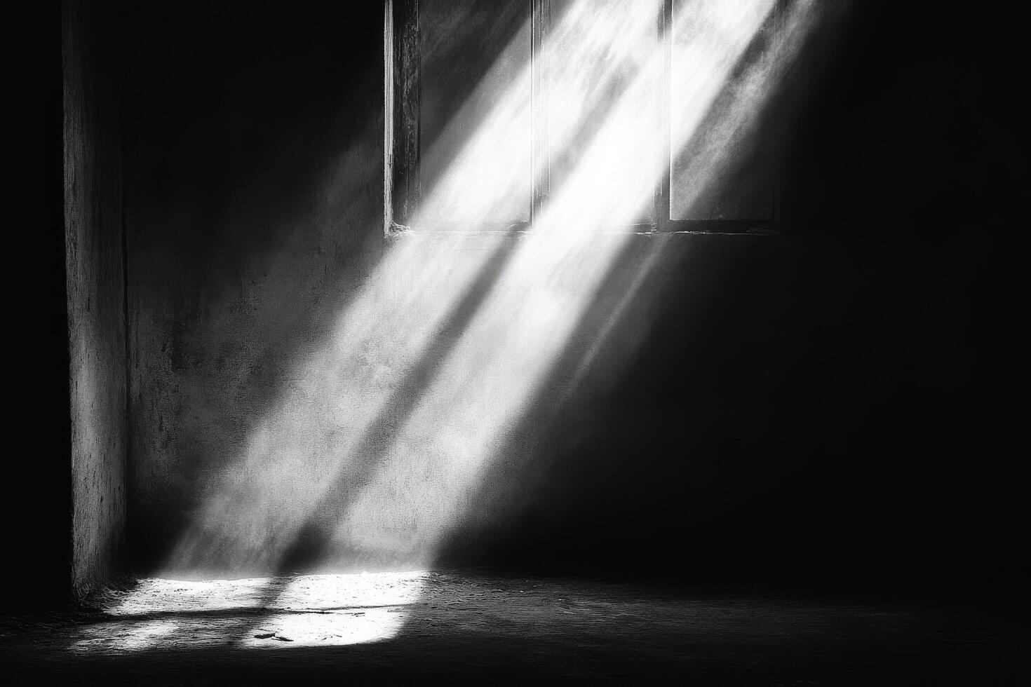 Light beams breaking through a dusty window in a dark, empty room during the late afternoon photo