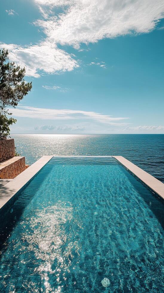 Beautiful infinity pool overlooking the ocean under a clear sky with palm trees photo