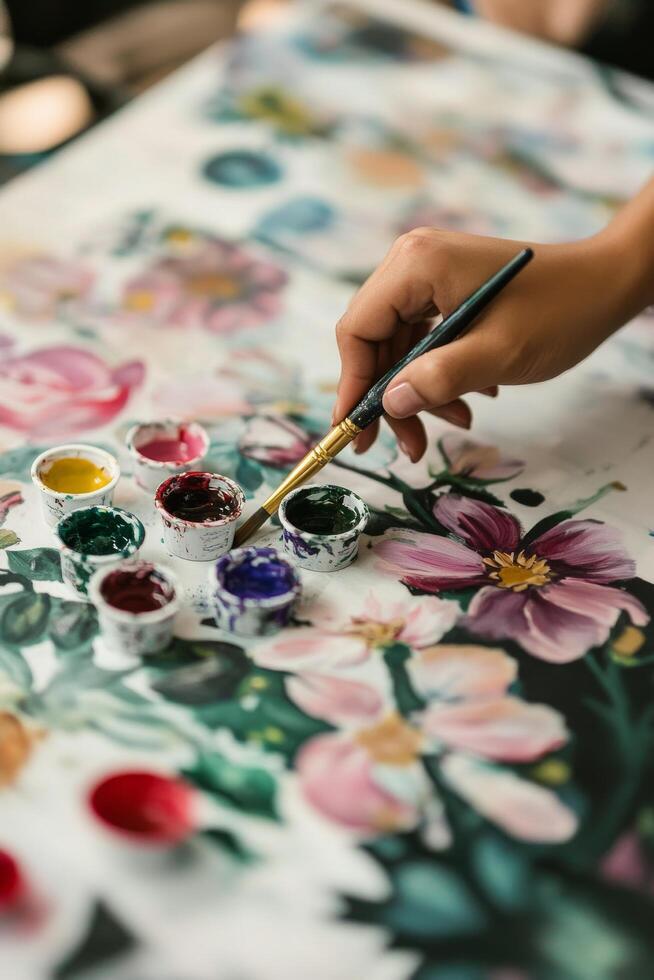 Hand painting on a floral canvas with vibrant colors and watercolor paints indoors photo