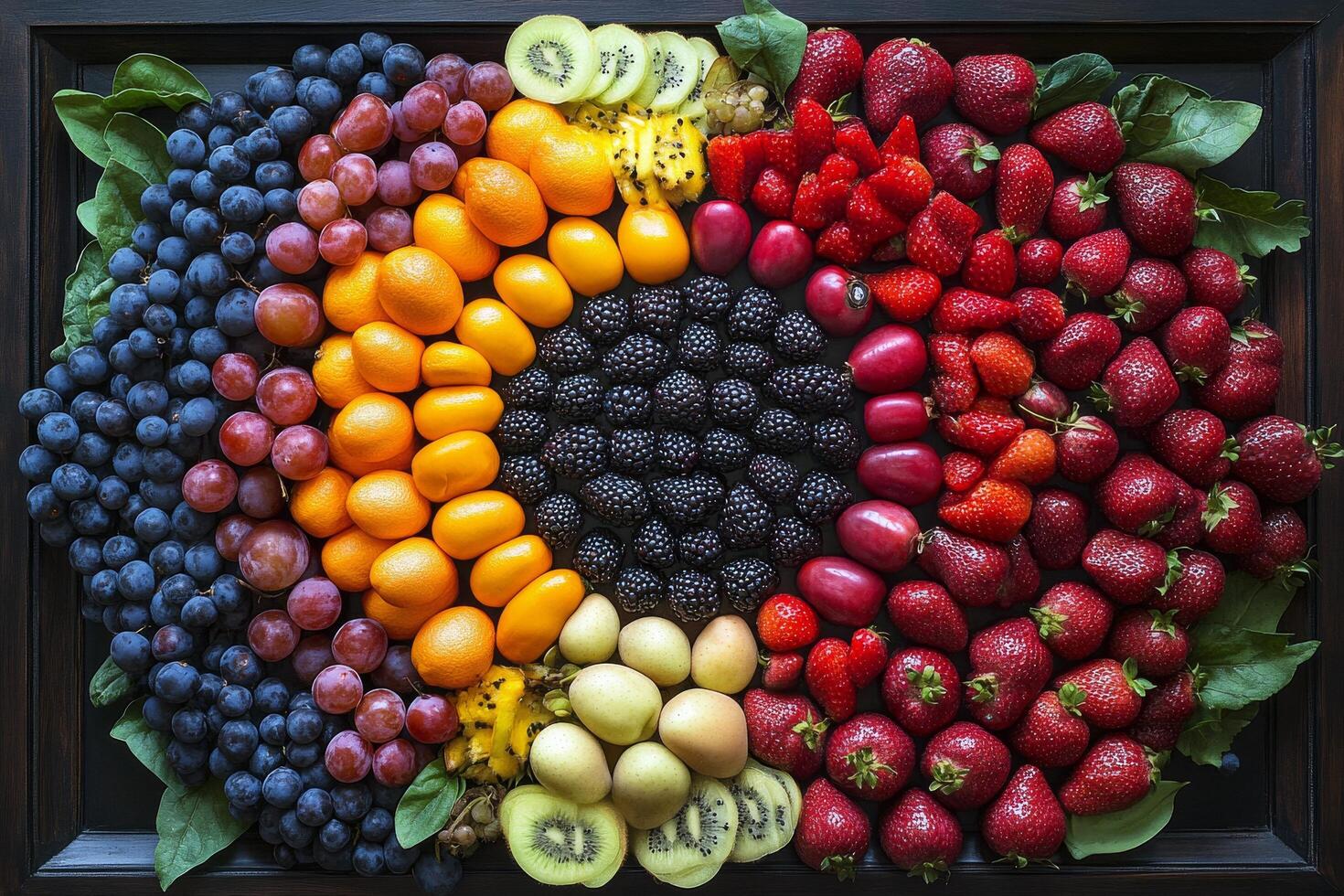 Colorful array of fresh fruits and vegetables arranged artistically on a textured surface photo