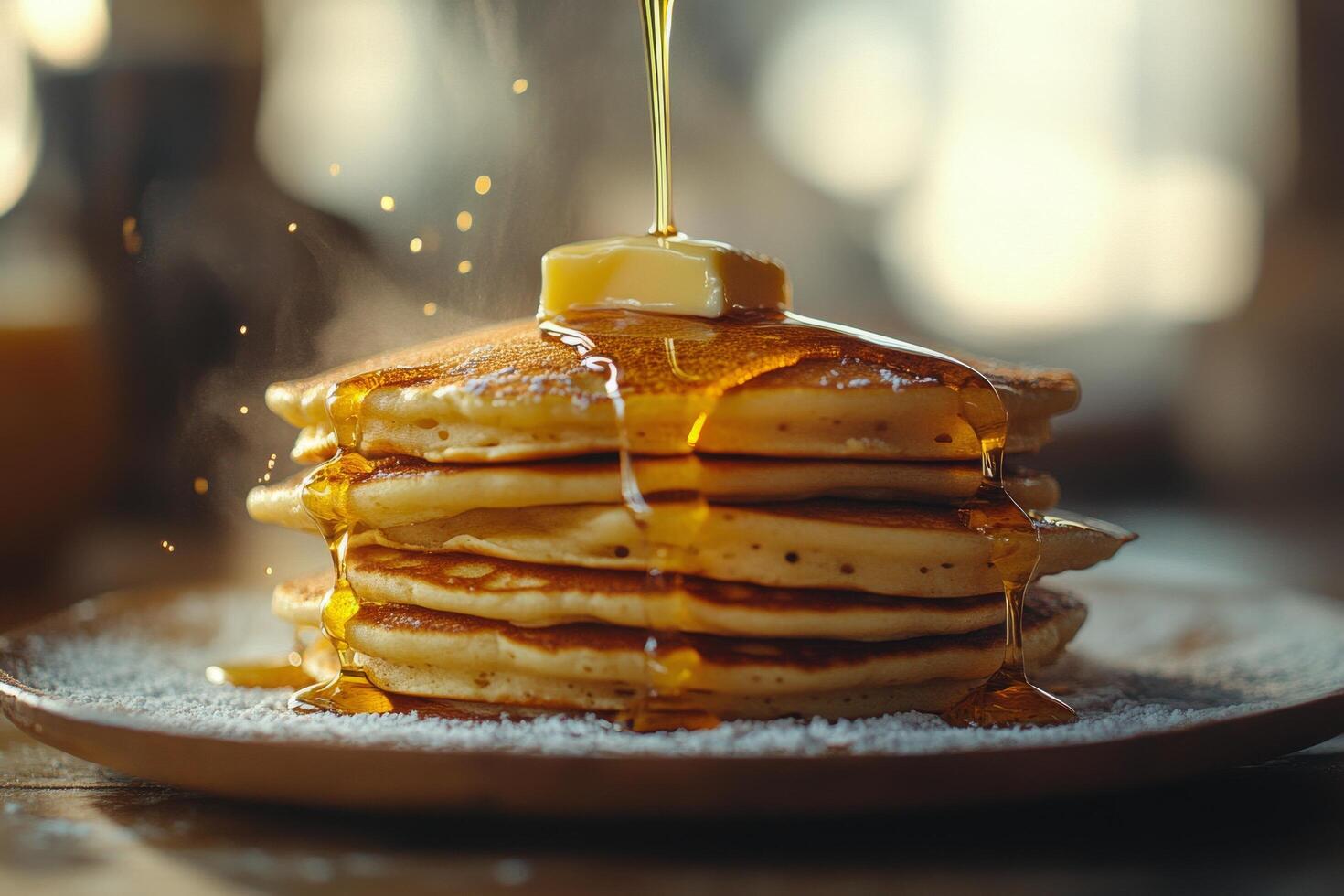 Stack of fluffy pancakes topped with butter and syrup ready to be enjoyed at breakfast photo