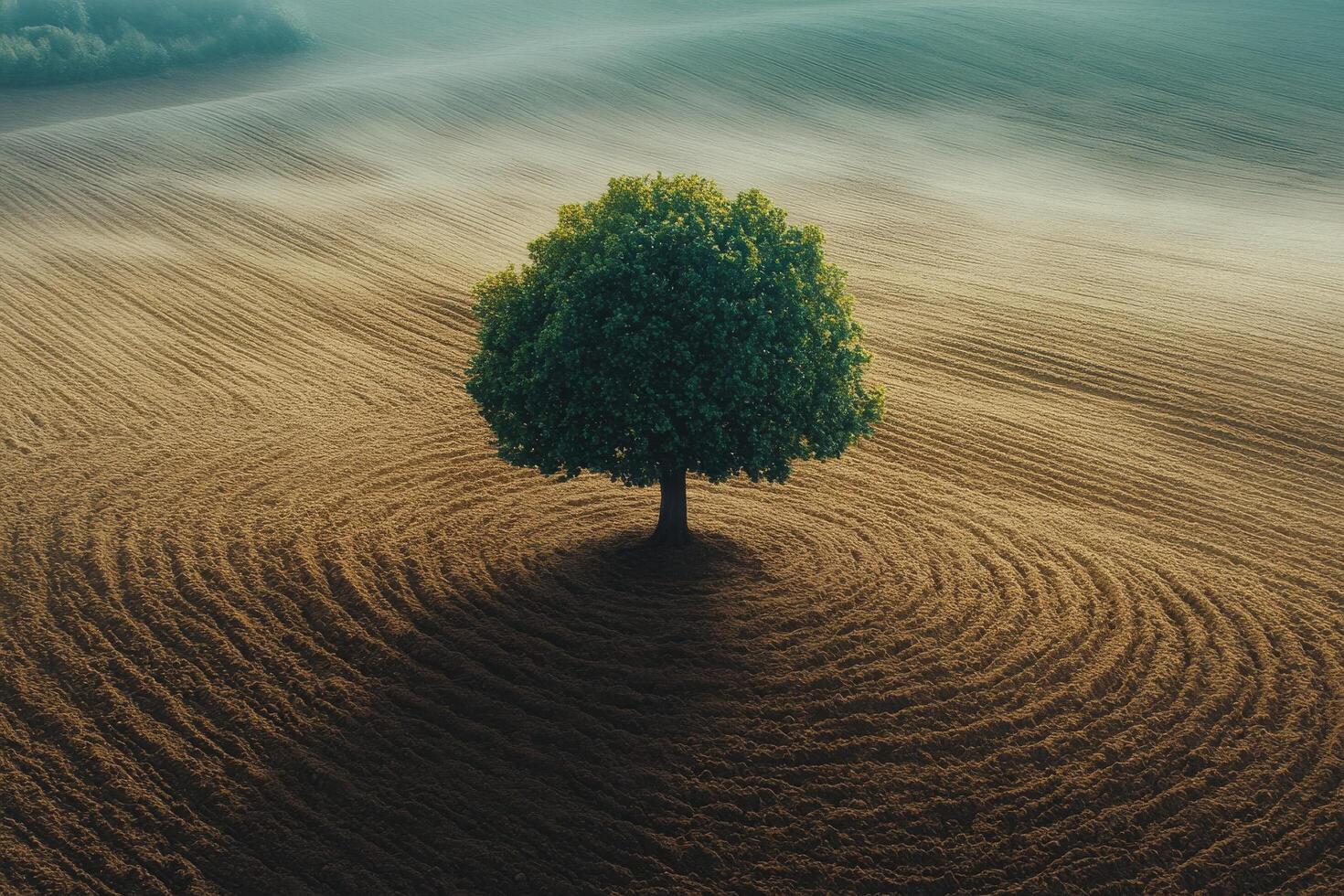 Plowed field with a solitary tree under clear sky in rural landscape during springtime photo