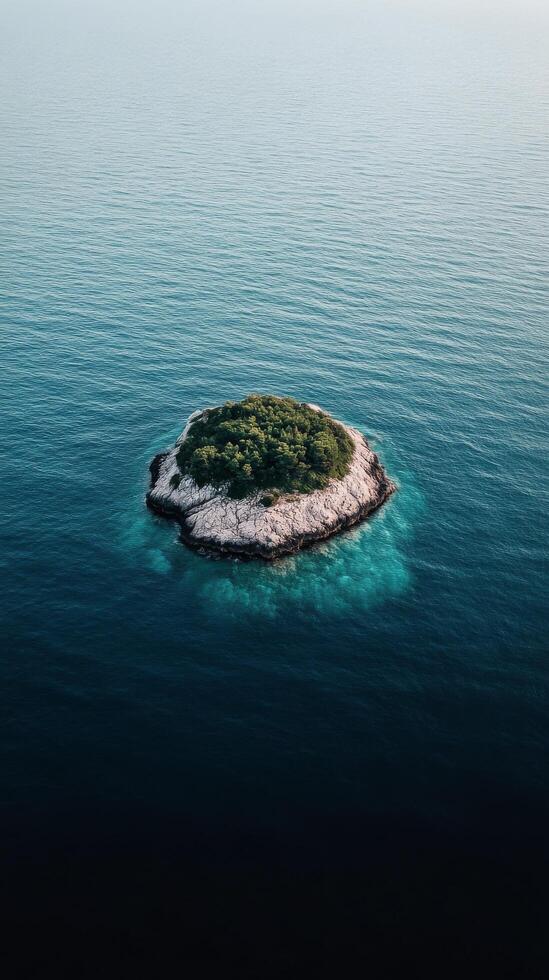 Lush green island surrounded by clear blue ocean waters in daylight photo