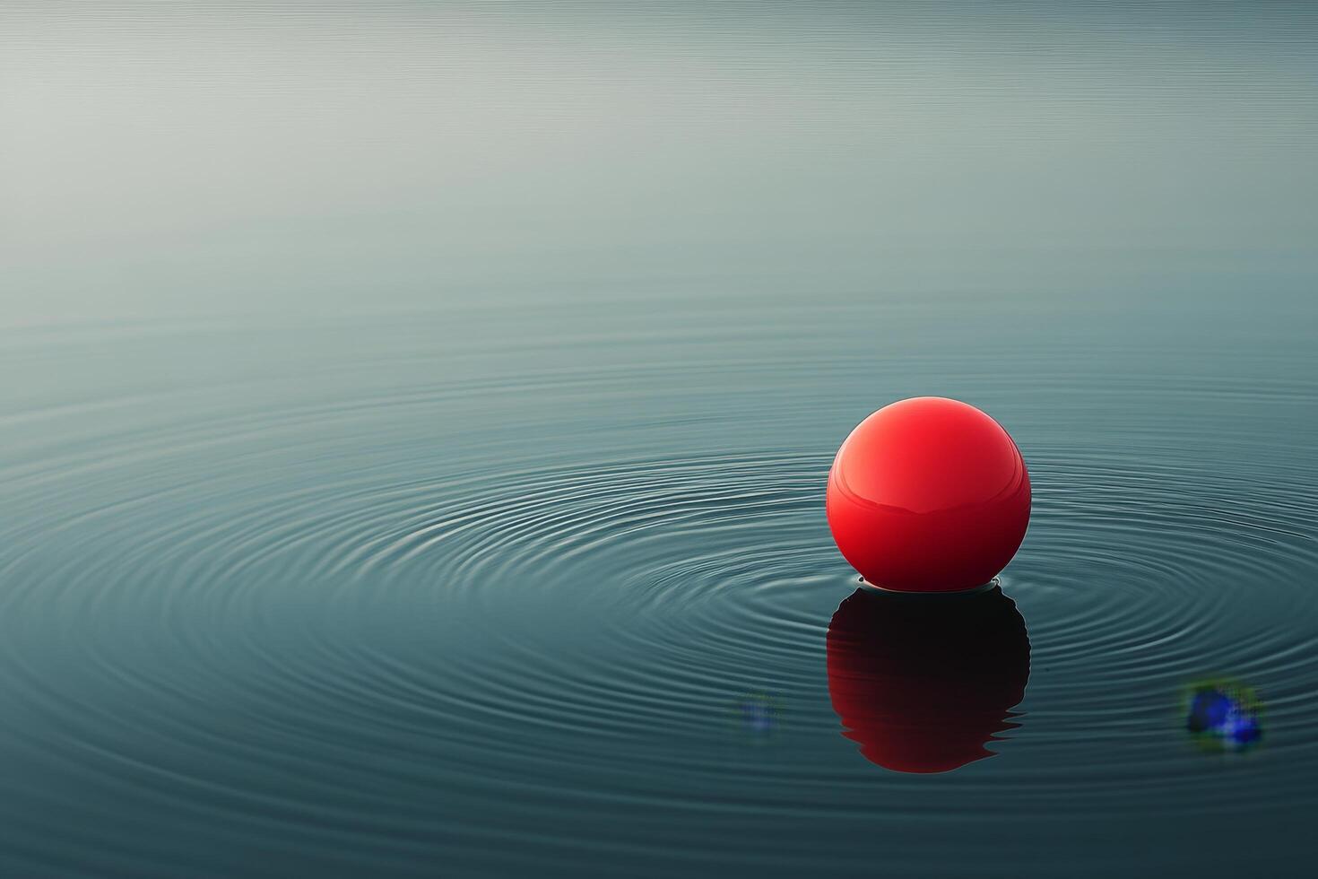 Red buoy floating on calm water with ripples radiating outward in early morning light photo