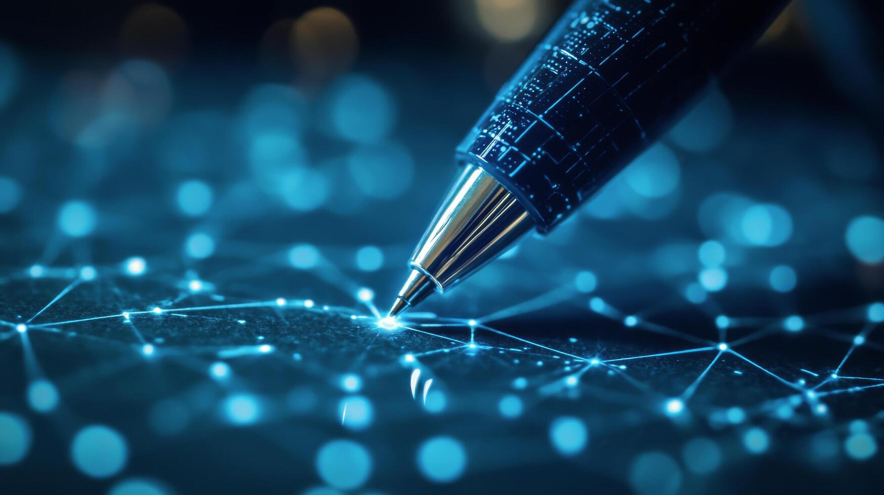 Writing with a futuristic pen on a glowing blue surface with interconnected nodes and lines photo