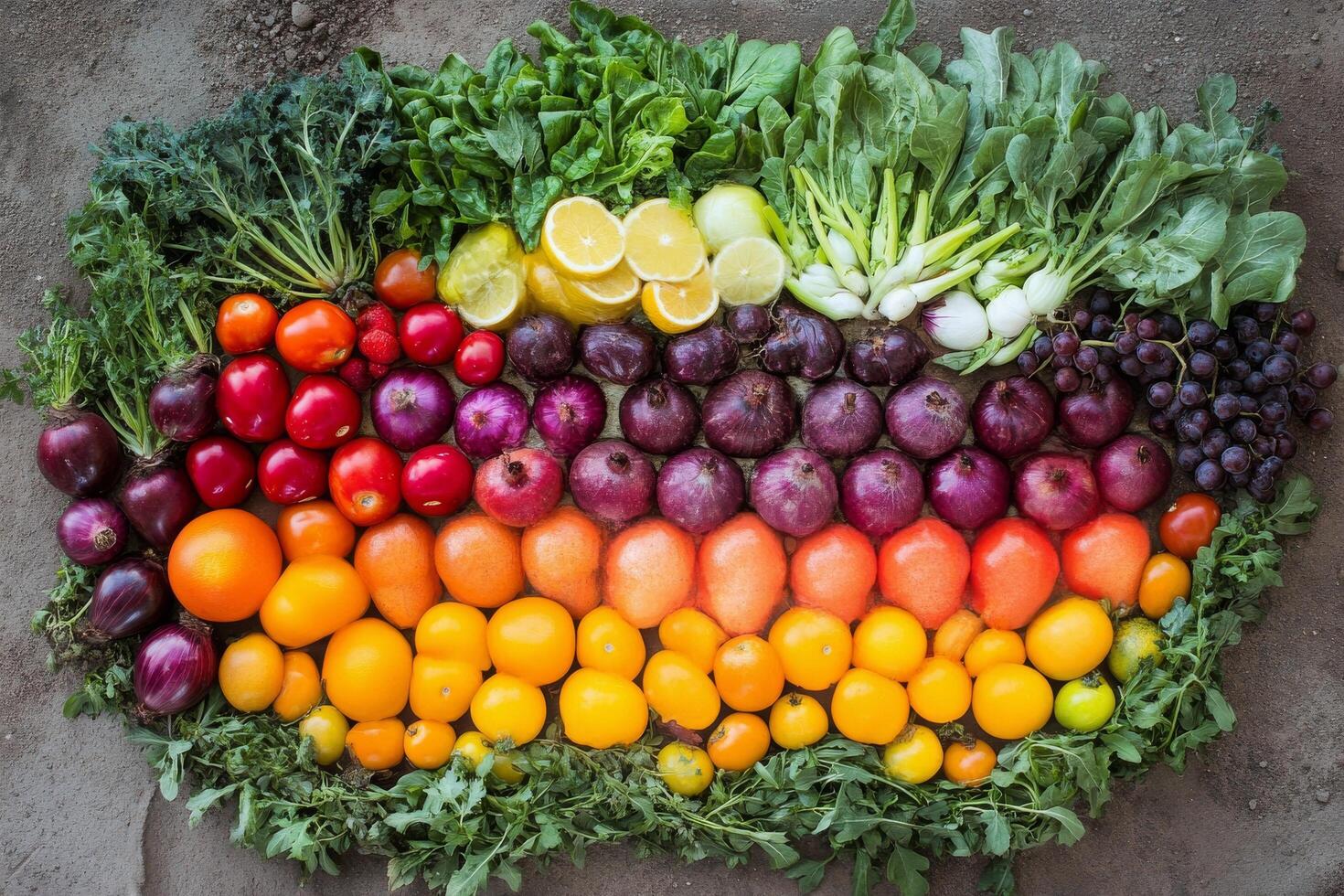 Colorful array of fresh fruits and vegetables arranged artistically on a textured surface photo