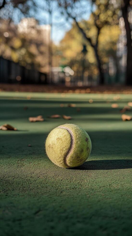 Green tennis ball resting on court surface illuminated by soft sunlight in the afternoon photo