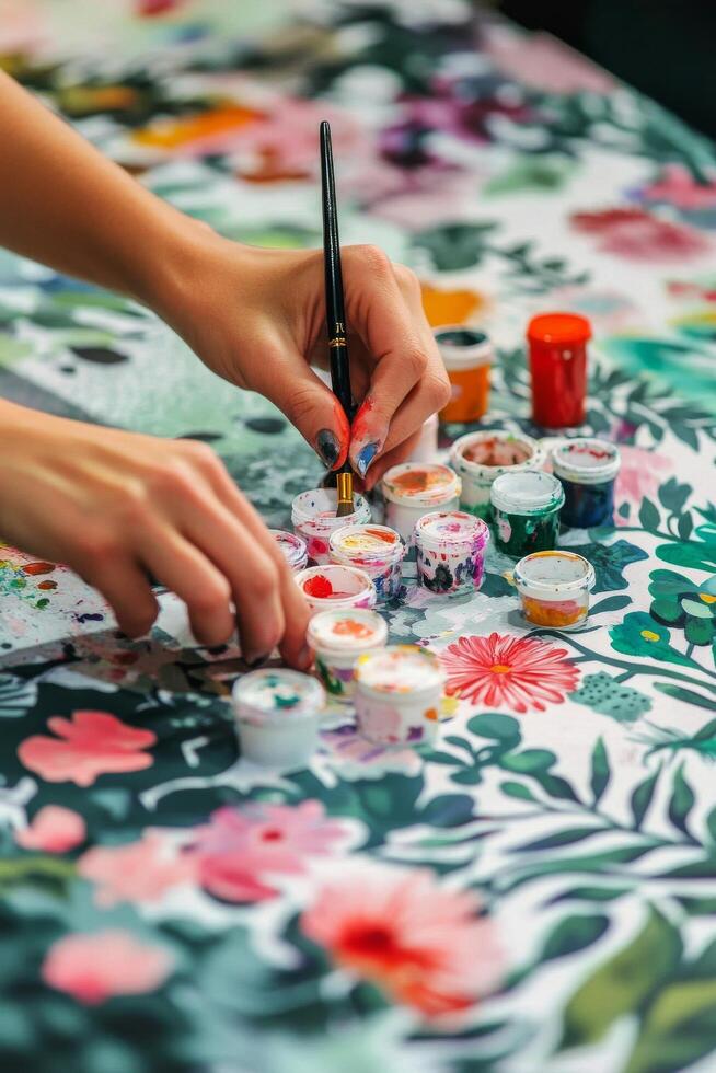 Hand painting on a floral canvas with vibrant colors and watercolor paints indoors photo