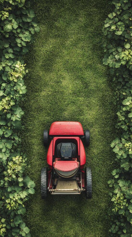 Red lawn mower parked on lush green grass in bright daylight photo