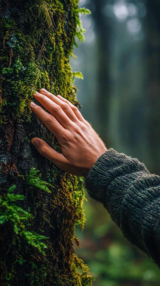 Hand touching moss on a tree trunk in a lush forest during daytime exploration photo