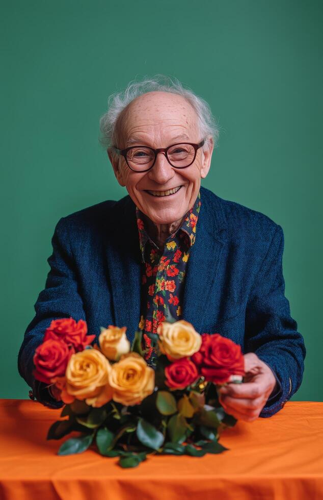 Senior man poses happily with roses against a green background in a cheerful setting photo