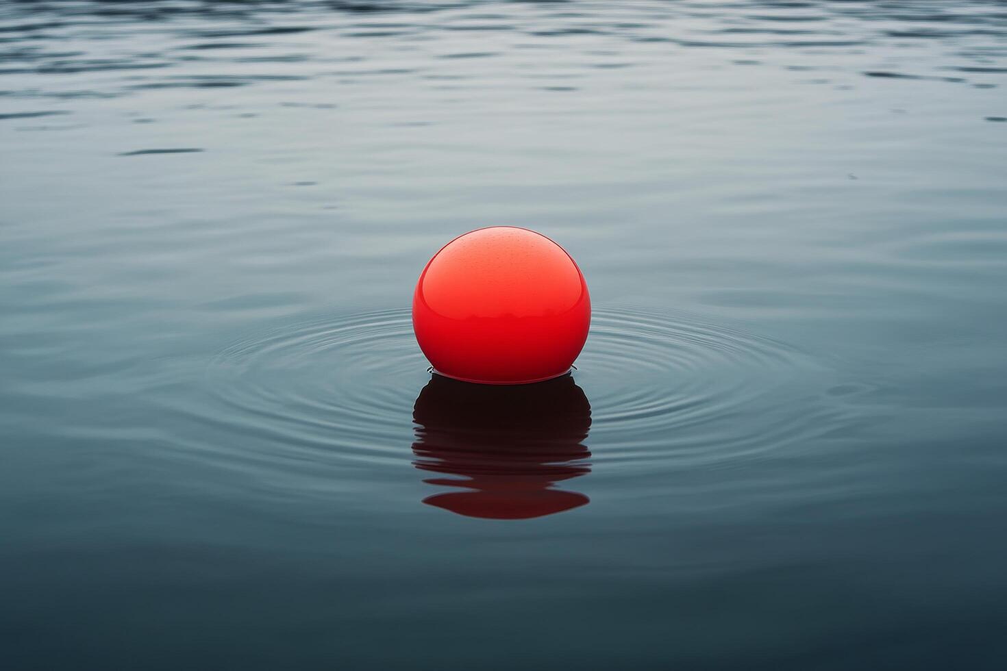 Red buoy floating on calm water with ripples radiating outward in early morning light photo