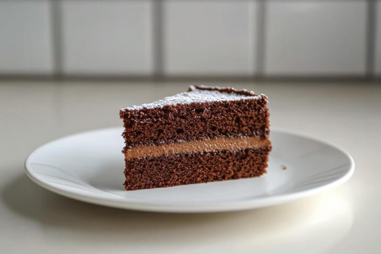 Delicious slice of cake with creamy frosting and a red topping on a plate in natural light photo