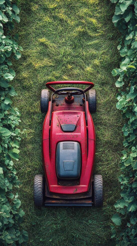 Red lawn mower parked on lush green grass in bright daylight photo