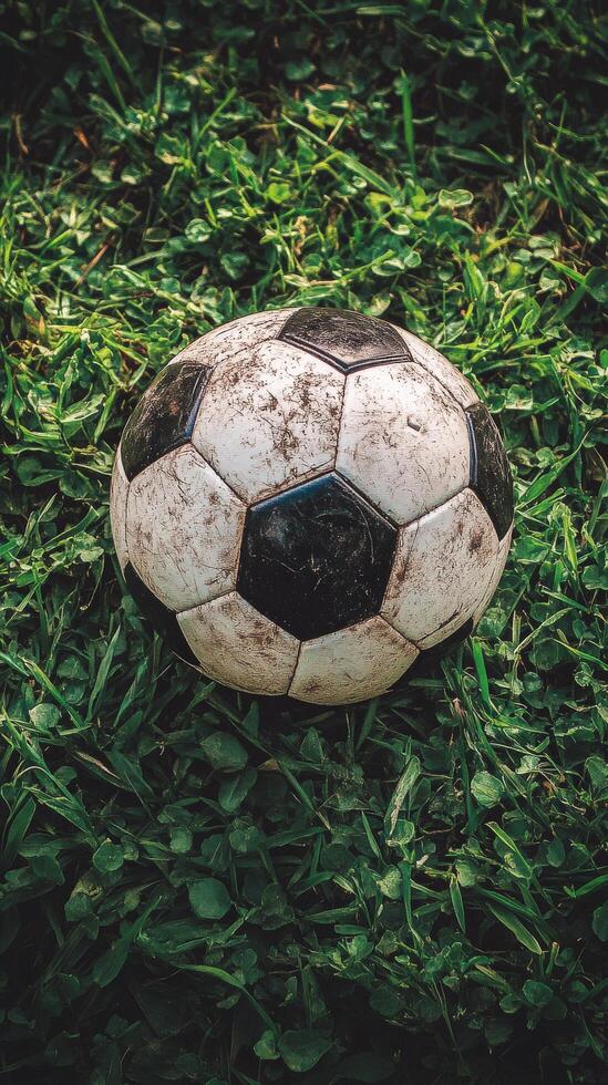 Worn soccer ball resting on grass field after a lively game in the afternoon light photo