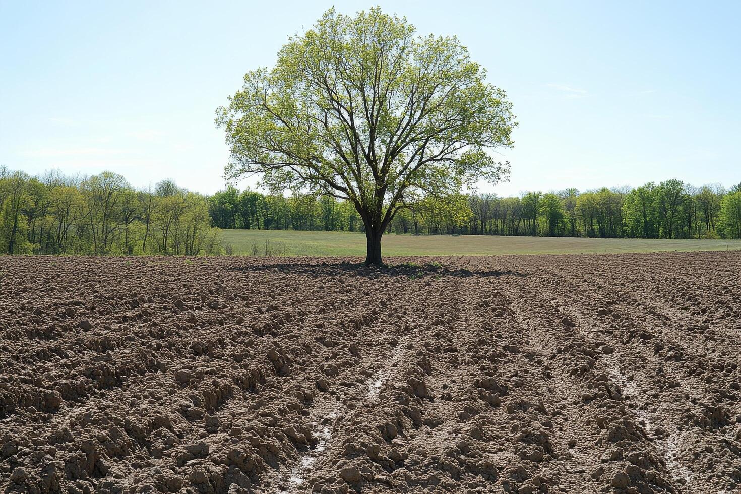 Plowed field with a solitary tree under clear sky in rural landscape during springtime photo