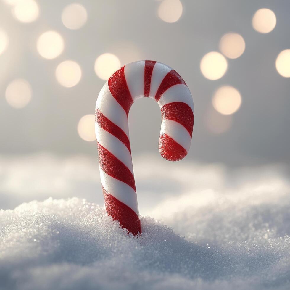 Colorful candy cane stood in white snow with sparkling background during winter season photo
