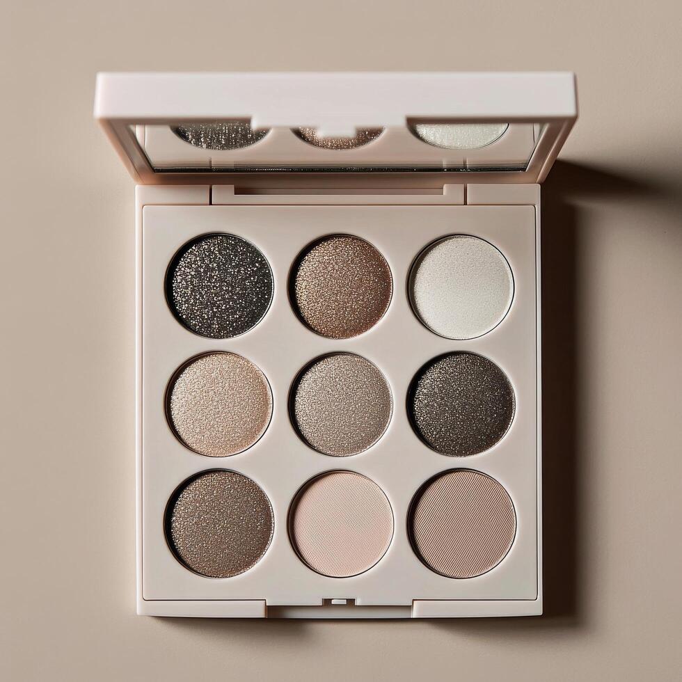 Elegant eyeshadow palette showcasing neutral and sparkly shades for versatile makeup looks photo