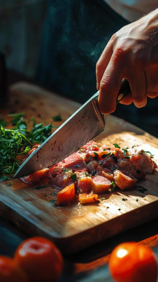Hand slicing freshly cooked meat on a wooden cutting board with herbs and tomatoes nearby photo