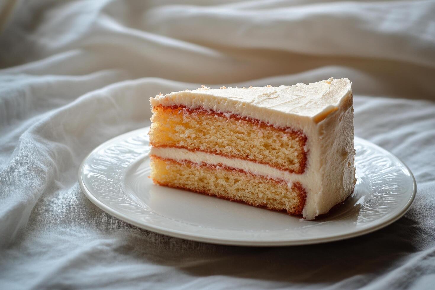 Delicious slice of cake with creamy frosting and a red topping on a plate in natural light photo