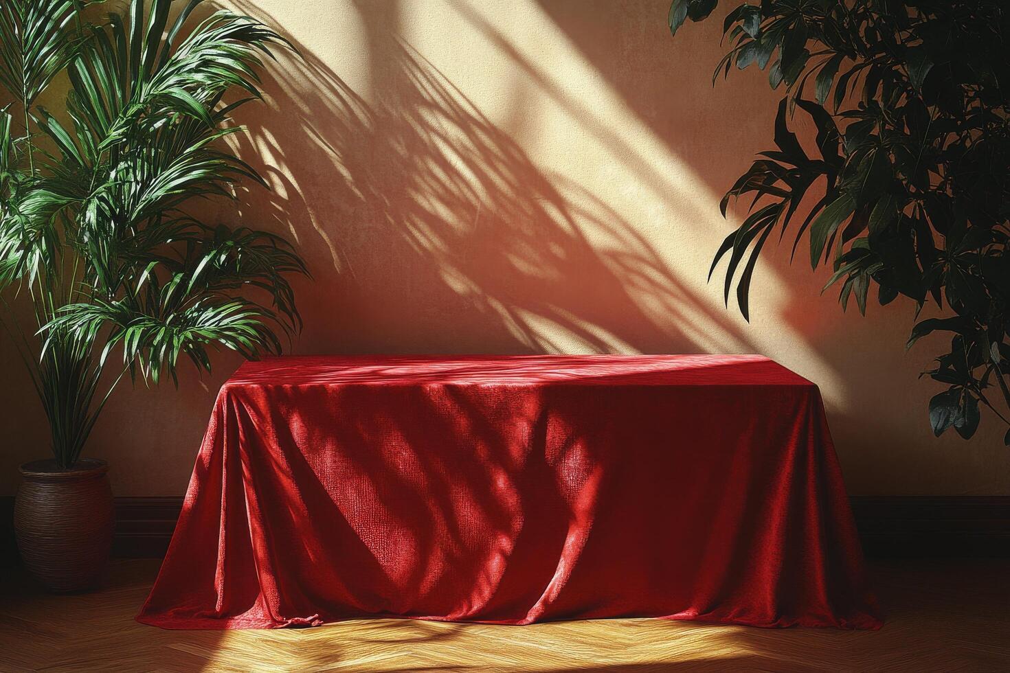 Brightly lit table draped in red cloth surrounded by green plants in a modern interior space photo