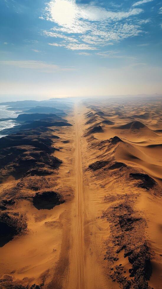 Expansive desert landscape featuring winding road surrounded by sand dunes and distant mountain range photo
