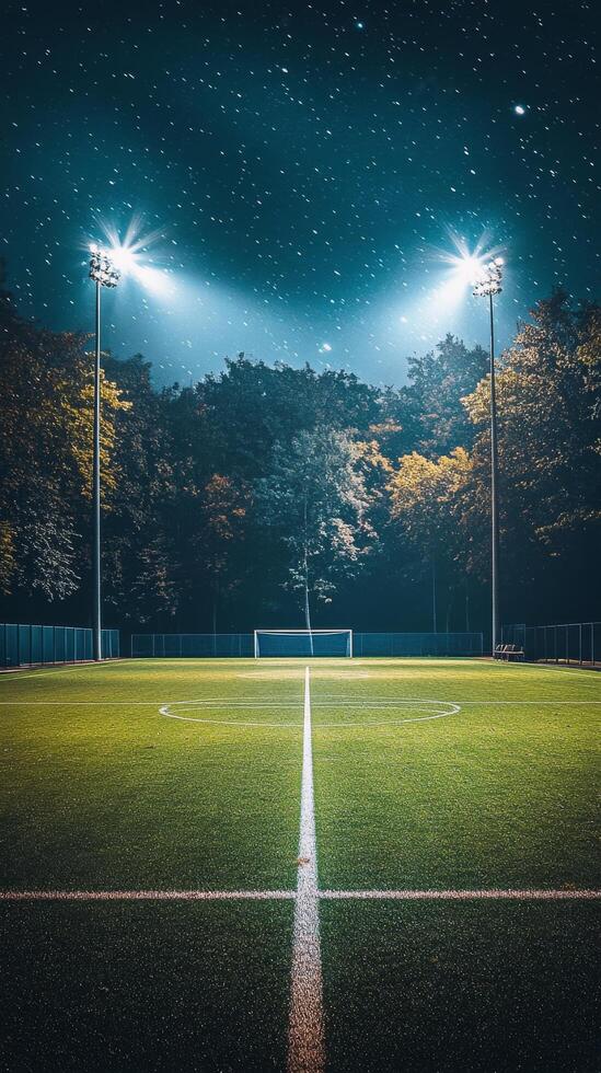 Nighttime view of a well-lit soccer field with bright stadium lights and clear sky photo