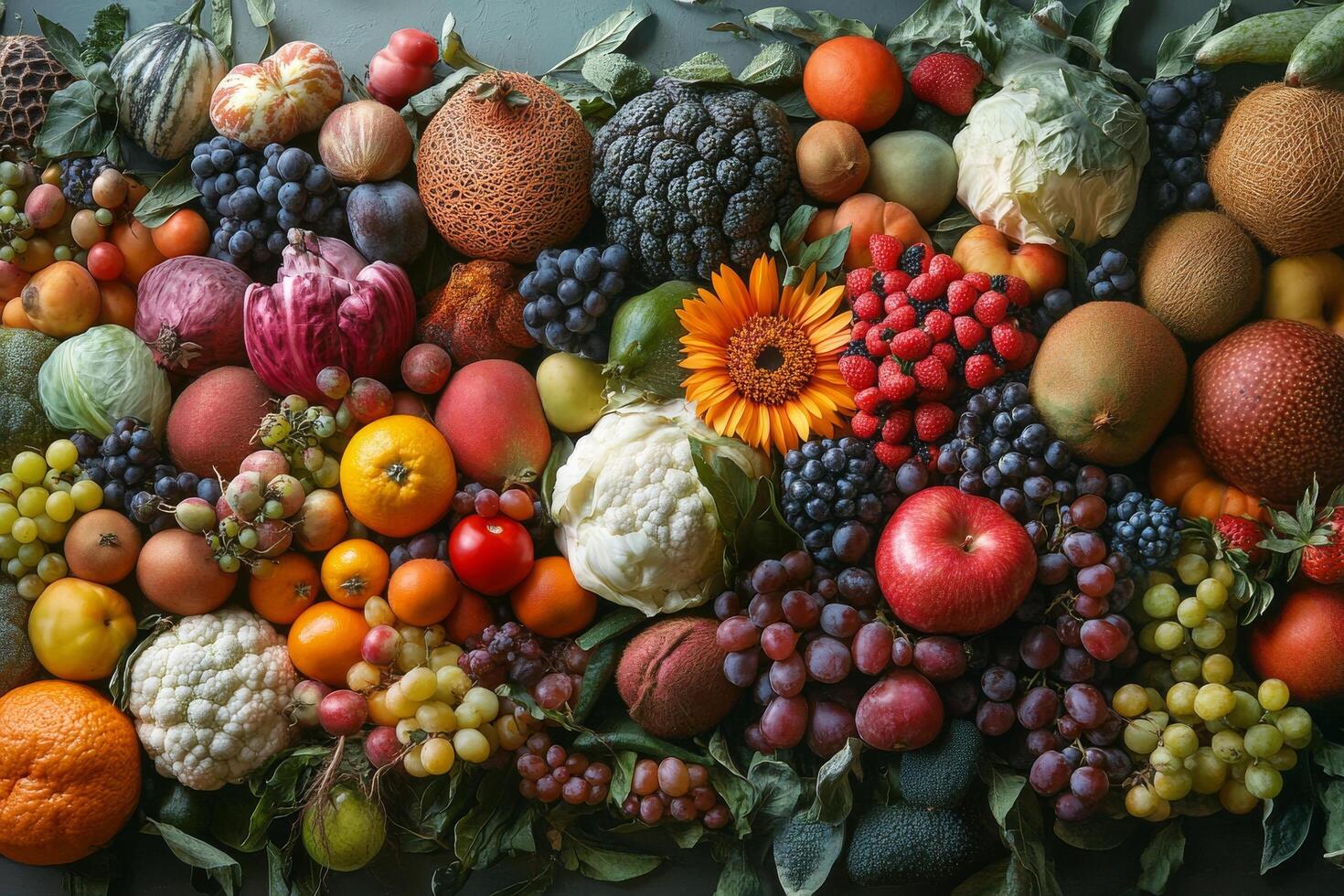 Vibrant display of seasonal fruits and vegetables arranged artfully on a wooden surface photo