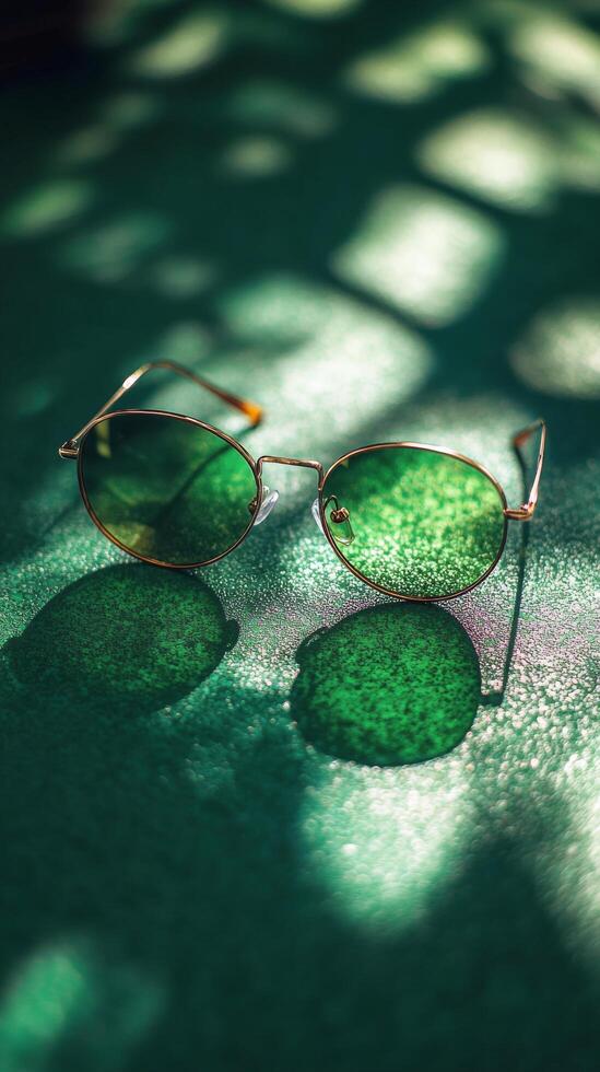 Stylish gold rimmed glasses resting on a green surface illuminated by soft light photo