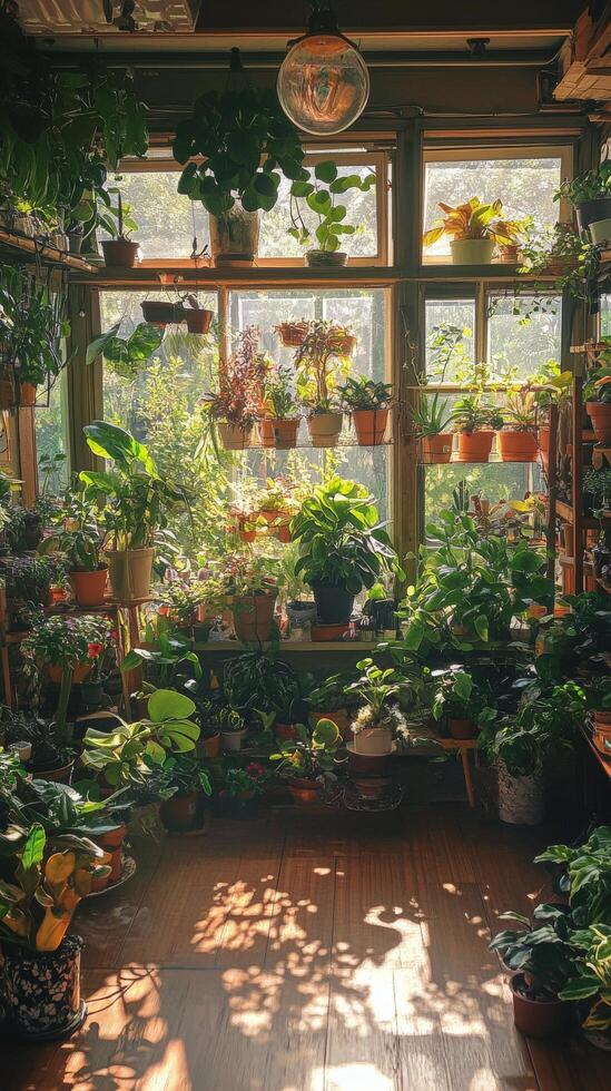 Lush indoor greenhouse filled with vibrant plants and natural light during the late afternoon photo