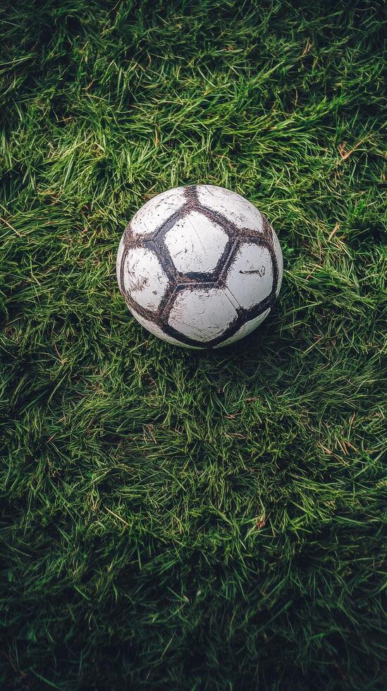 Soccer ball resting on lush green grass under natural light during a sunny day photo