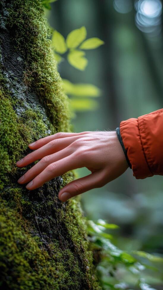 Hand touching moss on a tree trunk in a lush forest during daytime exploration photo
