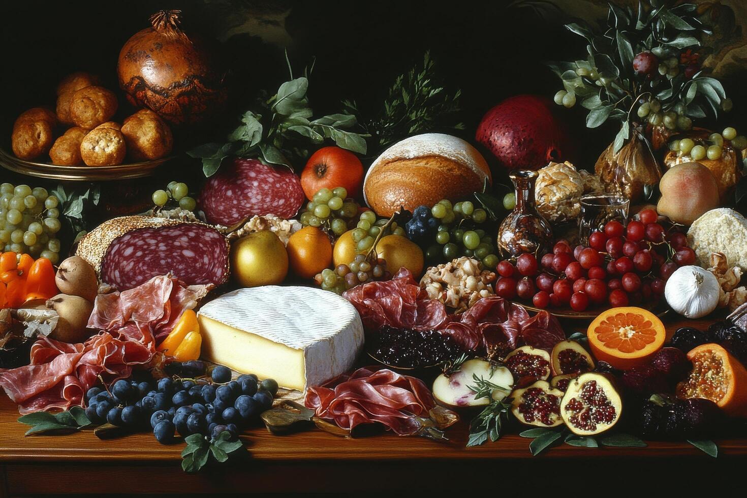 Colorful display of fresh fruits, vegetables, and charcuterie at a rustic market setting in autumn photo