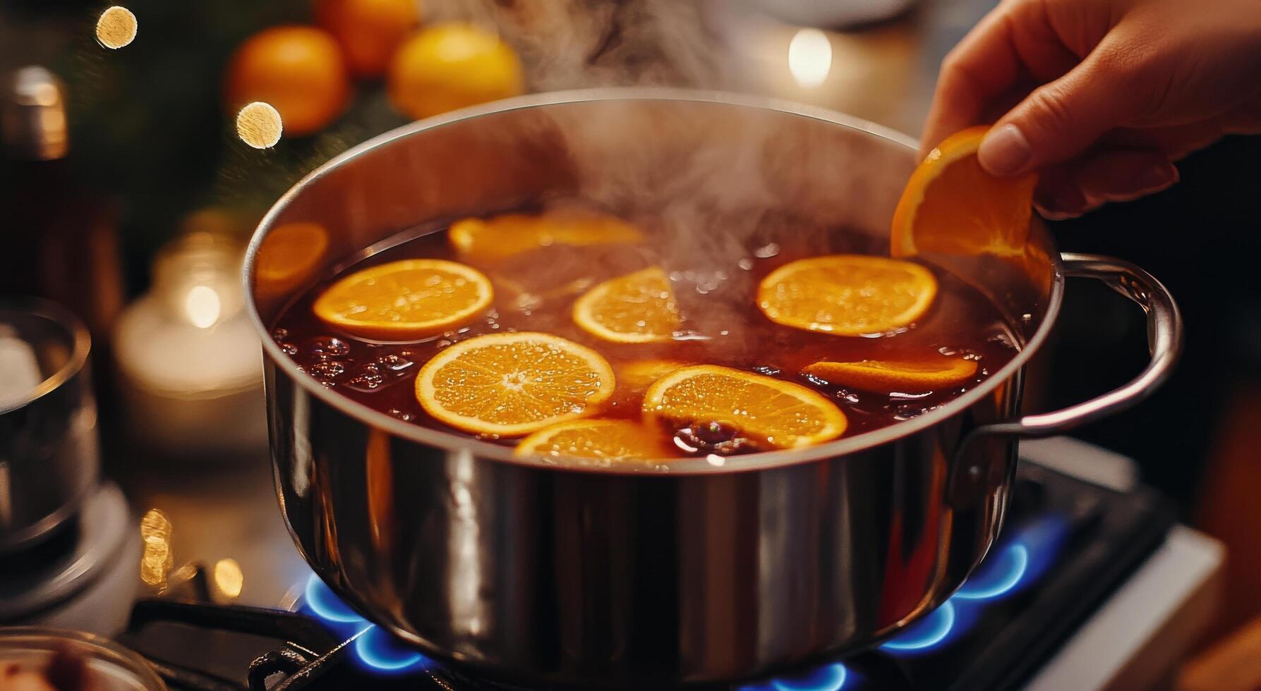 Warm spices and citrus blend in pot filled with simmering beverage for festive season photo