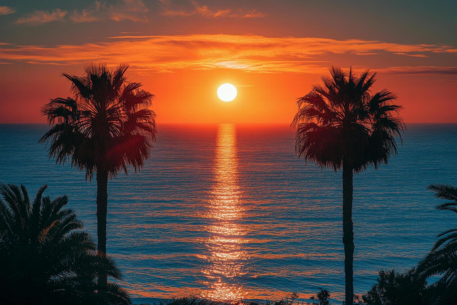 Beautiful sunset over ocean with palm trees lining the shore in a serene coastal location photo