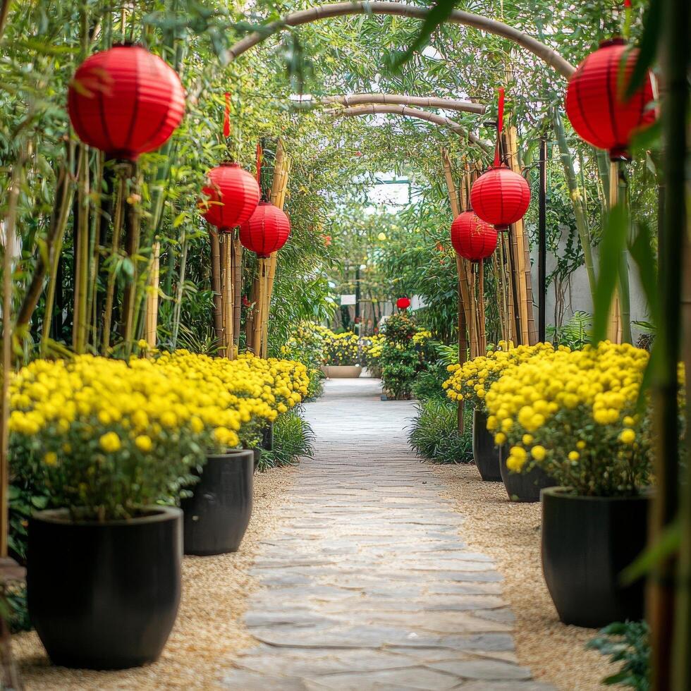 Colorful flower garden pathway with lanterns and vibrant foliage in an inviting atmosphere photo
