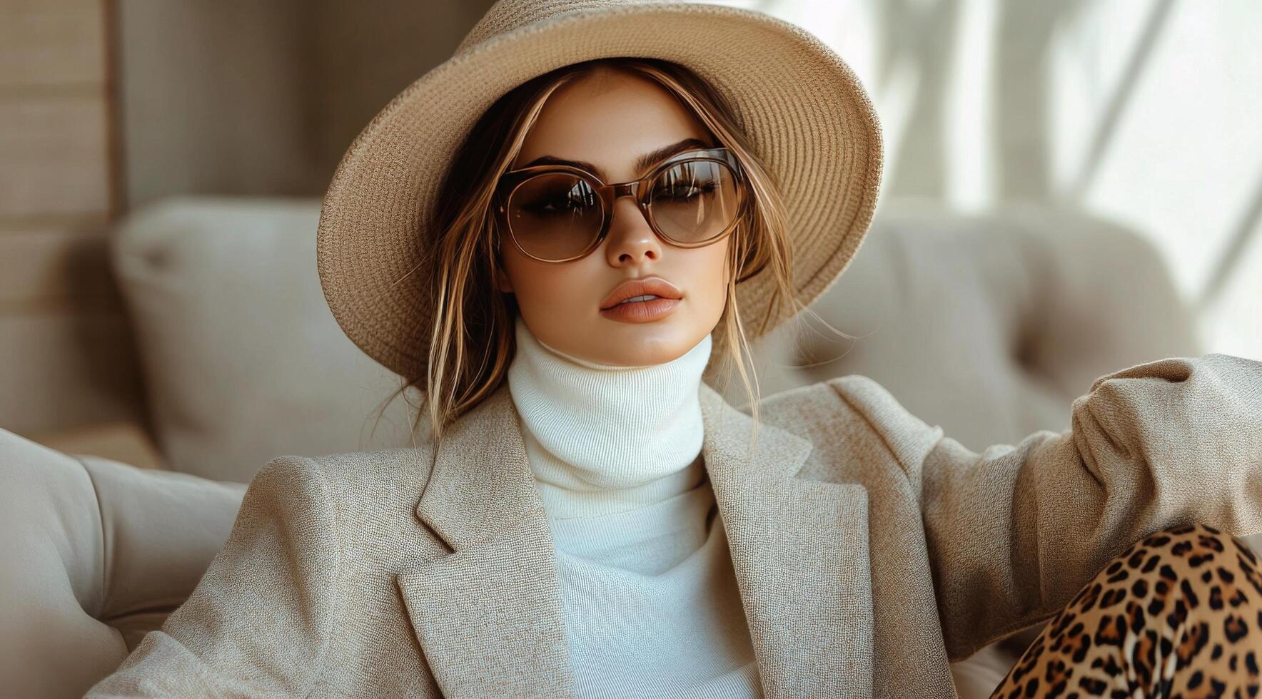 Stylish woman relaxing indoors wearing sunglasses and a fashionable outfit with a modern background photo