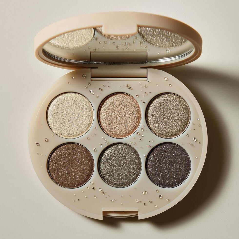 Elegant eyeshadow palette showcasing neutral and sparkly shades for versatile makeup looks photo