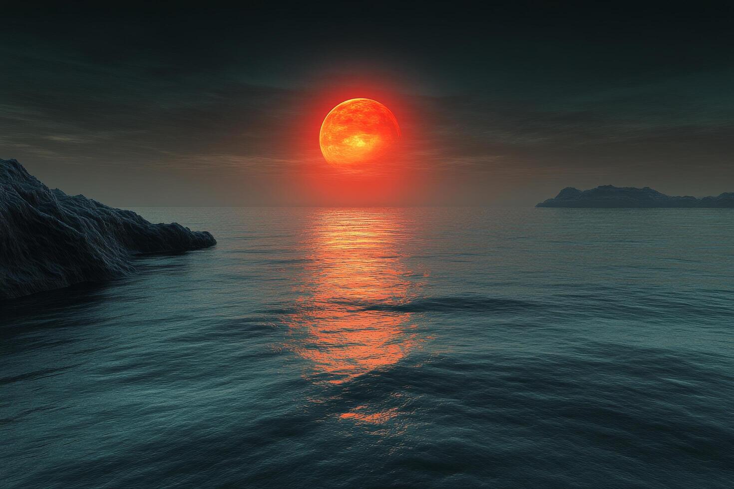 Vivid sunset over calm waters reflecting warm hues at dusk photo